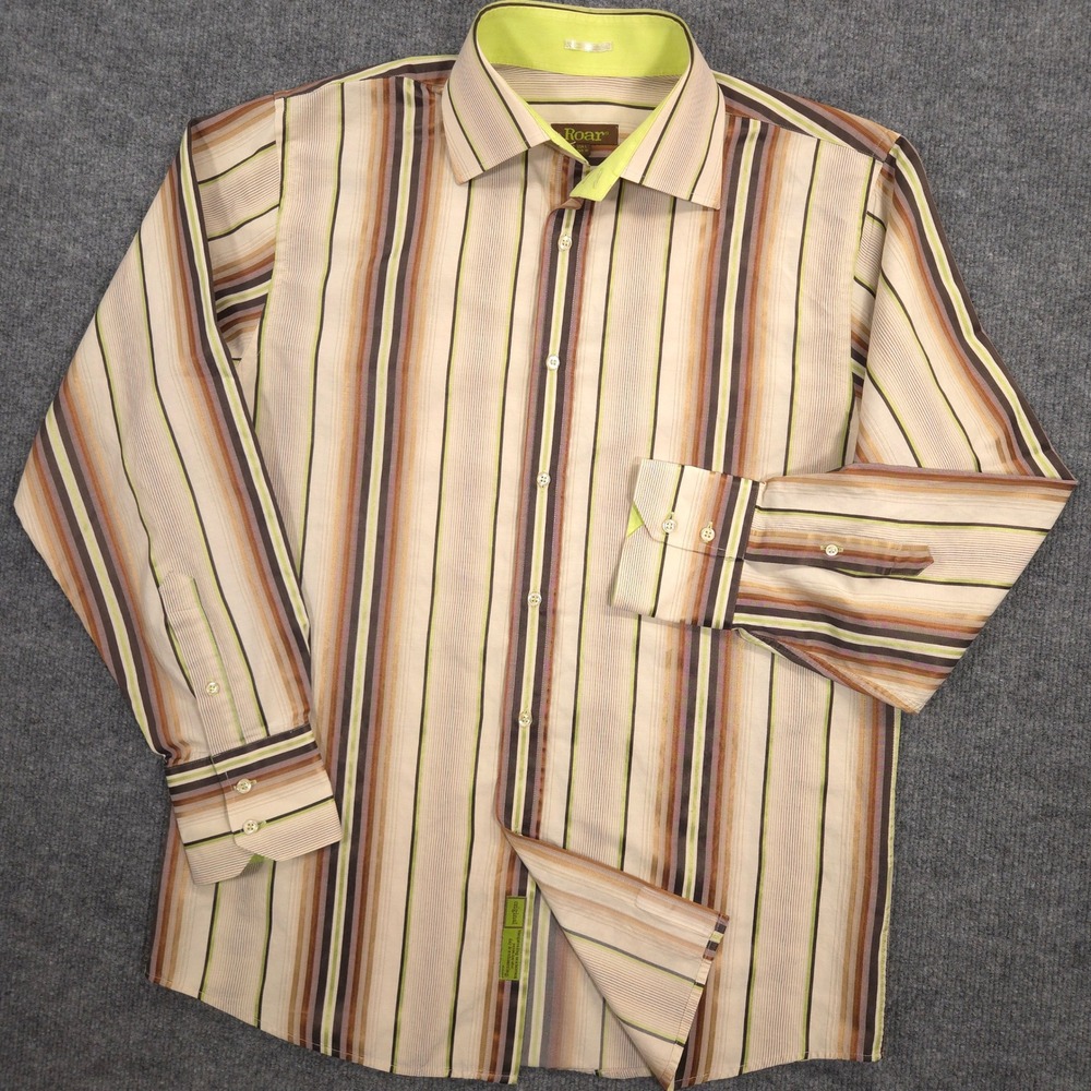 Roar Shirt Mens Large Brown Green Striped Long Sleeve Button Up Preppy Casual